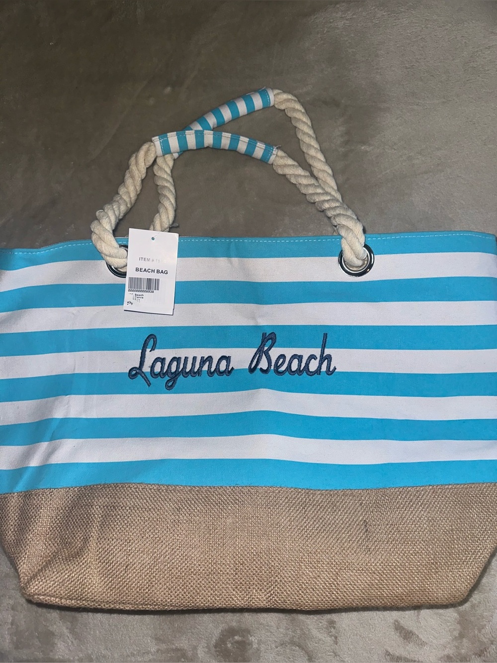 Laguna Beach Striped Tote Bag in Teal and White